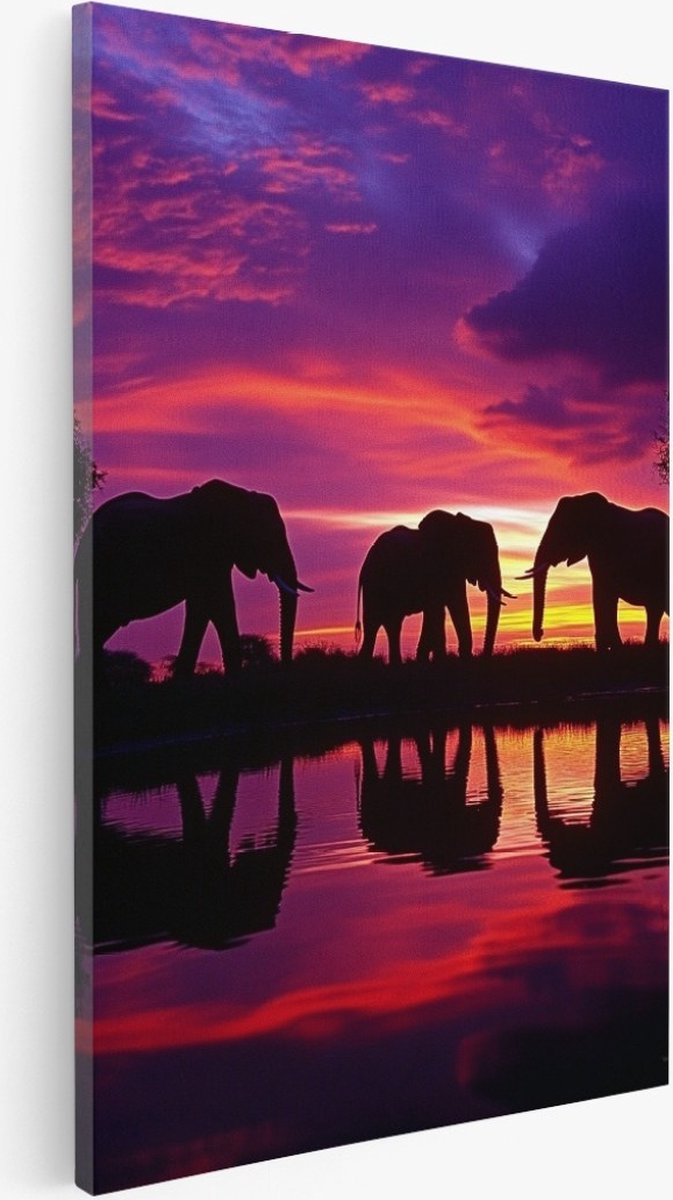 Saammp Canvas Schilderij - Olifanten - Silhouet - Natuur - Dieren - 30x40 - Foto op canvas - Wanddecoratie - Muurdecoratie Woonkamer - Slaapkamer decoratie - Canvas Print Multicolor