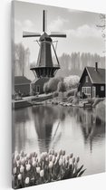 Saammp Canvas Schilderij - Landschap - Molen - Zwart-Wit - Natuur - 30x40 - Foto op canvas - Wanddecoratie - Muurdecoratie Woonkamer - Slaapkamer decoratie - Canvas Print