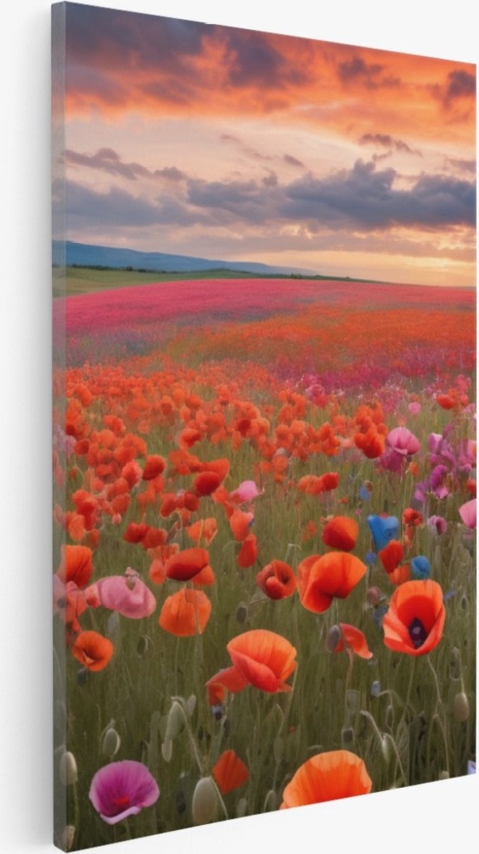 Saammp Canvas Schilderij - Landschap - Blauw - Rood - Bloemenveld - Natuur - 30x40 - Foto op canvas - Wanddecoratie - Muurdecoratie Woonkamer - Slaapkamer decoratie - Canvas Print Multicolor