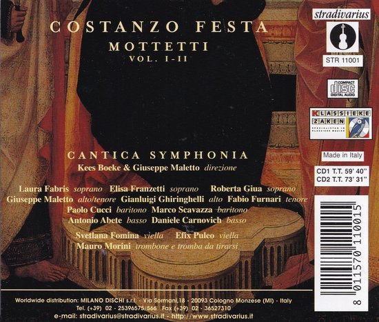 Albumhoes met een schilderij en tekst. 'Costanzo Festa Mottetti vol. I-II Cantica Symphonia'.
