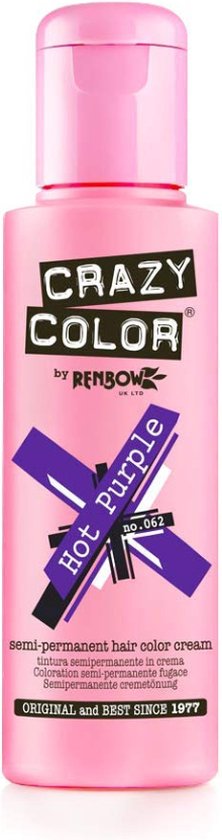 Roze flesje Crazy Color semi-permanente haarkleurcrème 'Hot Purple' met paarse kleurstaal.