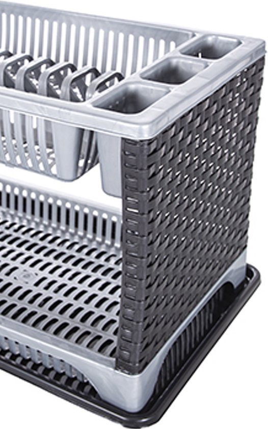 CM Afwas afdruiprek 2-Laags - grijs rotan - 44 x 30 x 27 cm - Afwasrek - kunststof