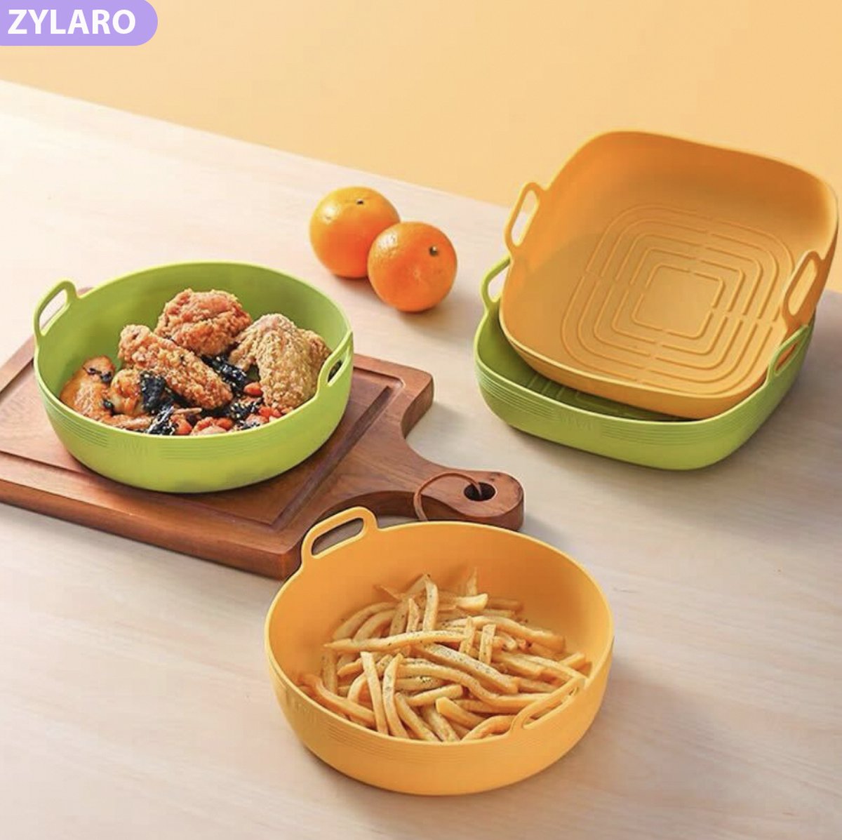 ZYLARO Siliconen Airfryer Bakjes - Airfryer Accesoires - 2 Stuks XL - Vierkant - Bakpapier Alternatief - 100% BPA Vrij - 20CM - Groen en Geel — afbeelding 2