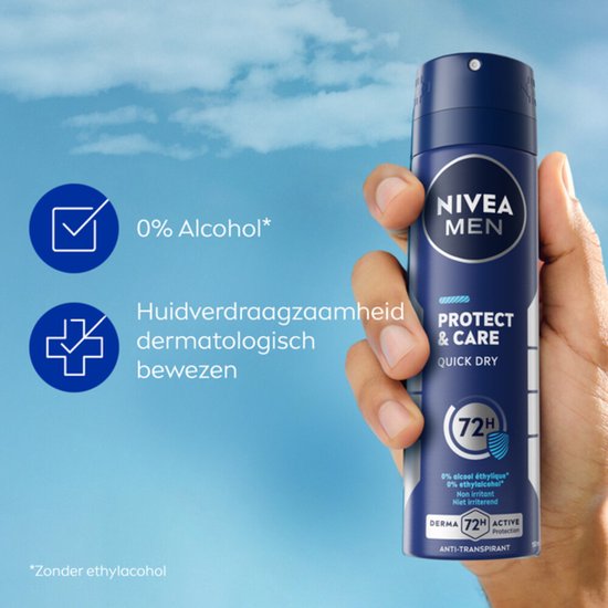 Hand die NIVEA MEN Protect & Care spuitbus vasthoudt, met tekst '0% Alcohol' en 'Huidverdraagzaamheid dermatologisch bewezen'.