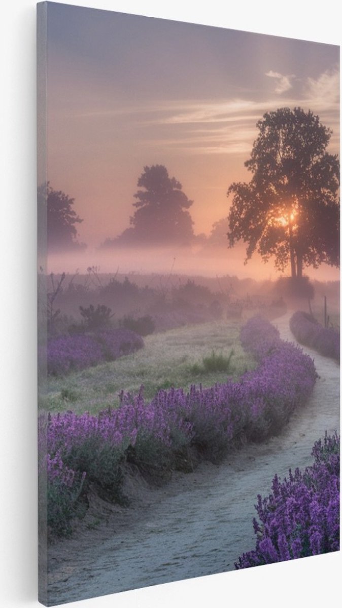 Saammp Canvas Schilderij - Lavendelveld met mist - Natuur - Landschap - 40x60 - Foto op canvas - Wanddecoratie - Muurdecoratie Woonkamer - Slaapkamer decoratie - Canvas Print Multicolor