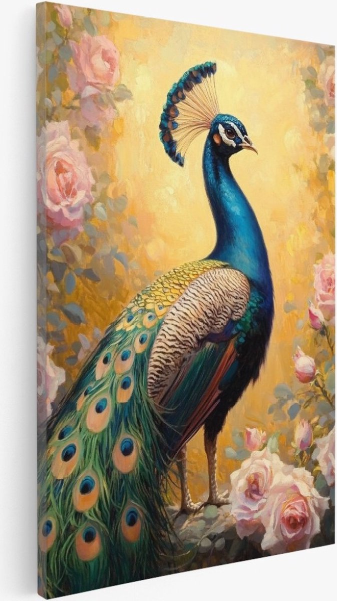 Saammp Canvas Schilderij - Pauw tussen de roze rozen - Dieren - Abstract - 100x150 - Foto op canvas - Wanddecoratie - Muurdecoratie Woonkamer - Slaapkamer decoratie - Canvas Print Multicolor