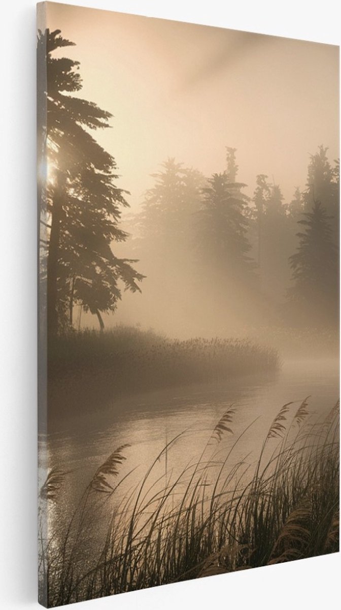 Saammp Canvas Schilderij - Water bij mistig Landschap - Natuur - 80x120 - Foto op canvas - Wanddecoratie - Muurdecoratie Woonkamer - Slaapkamer decoratie - Canvas Print Multicolor