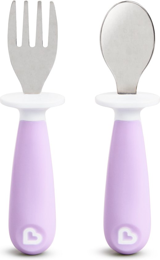 Couverts pour enfants Munchkin - Fourchette et cuillère pour tout-petits - Raise - 2 pièces - à partir de 12 mois - Ensemble de couverts en acier inoxydable - Violet