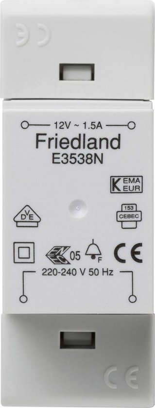 Friedland E3538N transformator met CE- en EMA-keurmerk. 12V - 1.5A, 220-240V 50Hz.