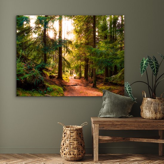 Aluminium schilderij 120x90 cm - Wanddecoratie metaal - Bos - Pad - Bomen - Groen - Zon - Natuur - Metalen muurdecoratie woonkamer - Decoratie industrieel - Foto op dibond - Industriële accessoires slaapkamer
