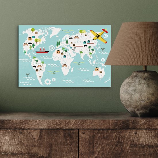 Décoration murale Métal - Peinture Aluminium - Wereldkaart - Enfants - Avion - Nature - 30x20 cm