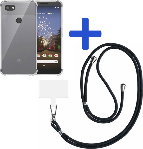 Google Pixel 3A XL met doorzichtig hoesje, een blauw kruis en een zwart telefoonkoord met houder.