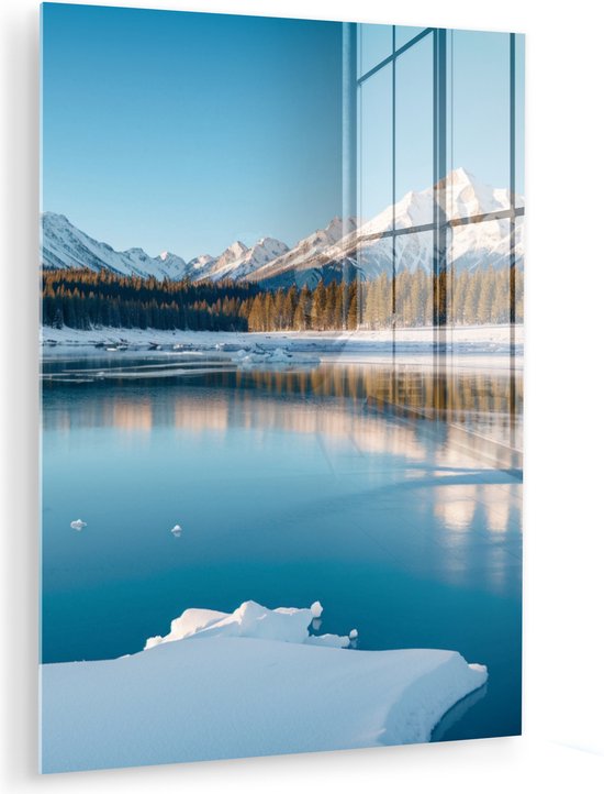 MuchoWow® Glasschilderij 90x120 cm - Schilderij acrylglas - Landschap - Winter - Meer - Bergen - Uitzicht - IJs - Foto op glas - Muurdecoratie woonkamer - Wanddecoratie slaapkamer - Schilderijen