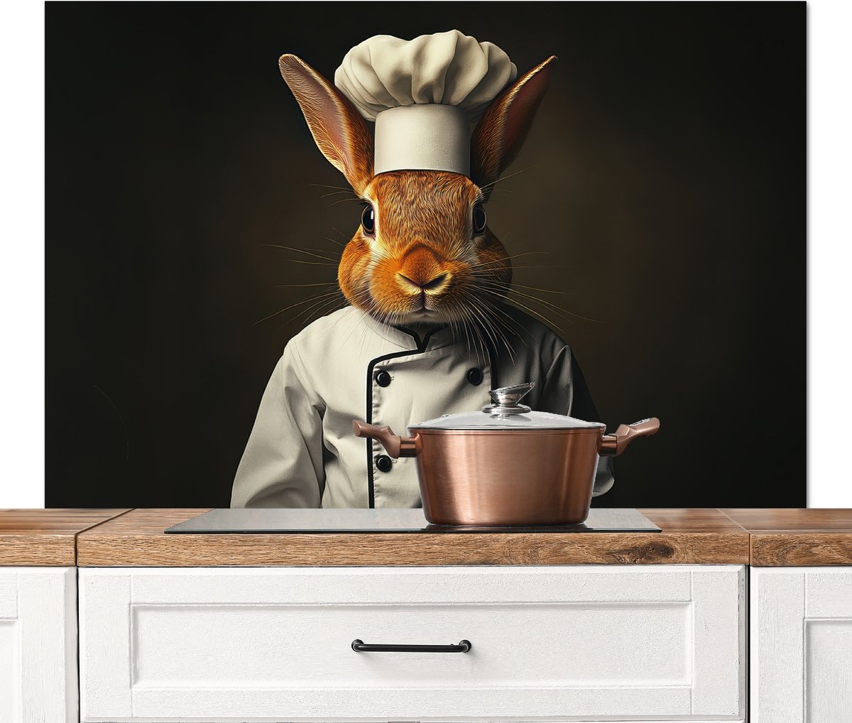 Spatscherm keuken 120x80 cm - Kookplaat achterwand Konijn - Kok - Dier - Muurbeschermer - Spatwand fornuis - Hoogwaardig aluminium