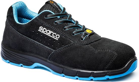 Chaussure Sparco noire avec semelle et doublure bleues. La chaussure porte l'inscription blanche 'Sparco'.