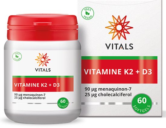 Pot Vitals Vitamine K2 + D3 met rode dop en doosje. 100% vegan, 60 softgels.