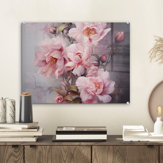 MuchoWow® Glasschilderij 40x30 cm - Schilderij acrylglas - Rozen - Bloemen - Roze - Kunst - Watercolor - Foto op glas - Muurdecoratie woonkamer - Wanddecoratie slaapkamer - Schilderijen