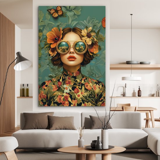Tableau aluminium 100x150 cm - Décoration murale métal - Femme - Fleurs - Papillons - Nature - Vintage - Décoration murale métal salon - Décoration industrielle - Photo sur dibond - Accessoires industriels chambre
