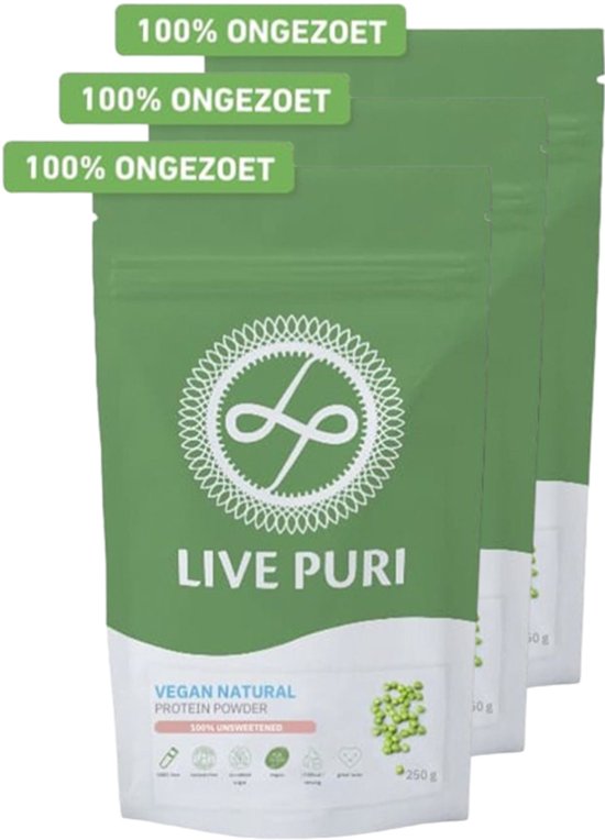 Drie groene verpakkingen Live Puri vegan eiwitpoeder. Twee verpakkingen zijn 250g en hebben drie groene stickers '100% ONGEZOET'.