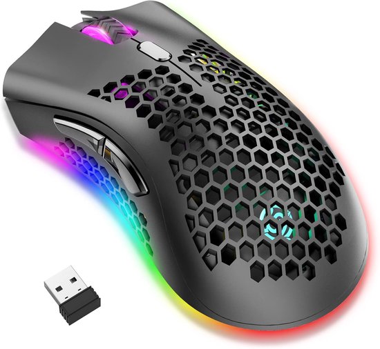 StayPowered Honeycomb Bluetooth Gaming Muis - Lichtgewicht en Draadloos voor Ongeëvenaarde Snelheid - 5 RGB Verlichtingsmodi - Instelbare DPI tot 3200 - Dual-Mode Connectiviteit - Ergonomisch Ontwerp - Zwart - Levering Sneller dan Aangegeven!