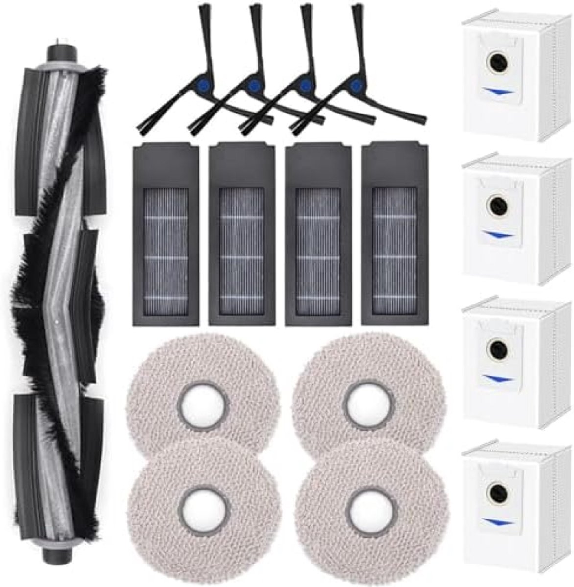 17 stuks vervangende accessoires set voor Ecovacs Deebot X2 / X2 Omni / X2 Pro / DEX86 stofzuiger reserveonderdelen, 1 hoofdborstel, 4 zijborstels, 4 hepa-filters, 4 stofzakken, 4 dweildoeken