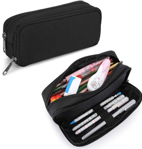 Foto: Pennenetui etui etui met grote capaciteit 600d esthetisch horizontale opening geschikt voor studenten jongens meisjes draagbaar dubbellaags zwart 20 5 11 6 5 cm