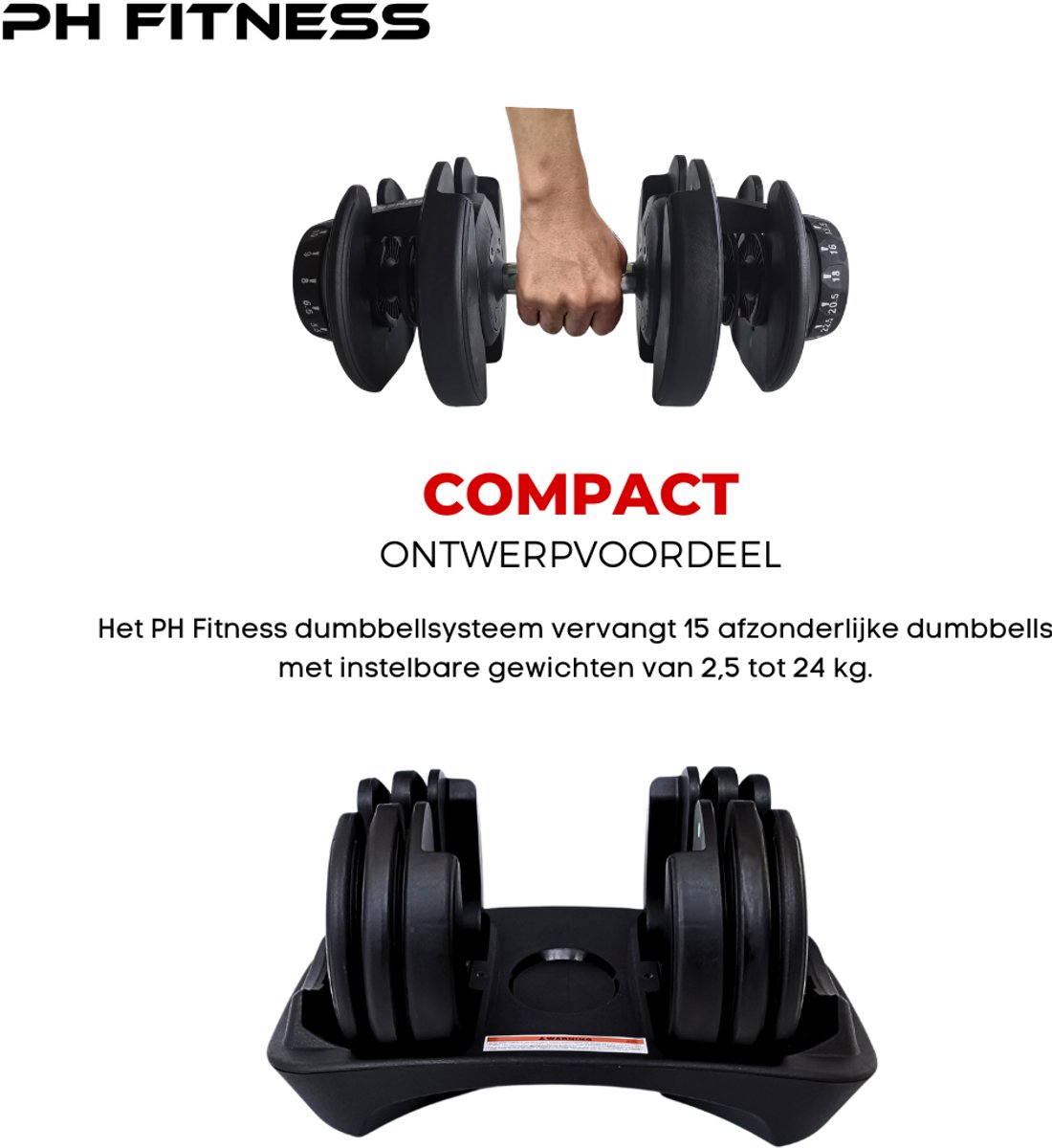 PH Fitness Verstelbare Dumbell 24KG Zwart - PRIJS PER STUK - Smart Dumbbells - Gewichtenset voor Home Gym - Adjustable Dumbbells van 2,5 kg tot 24kg - Complete Halterset van 15 Dumbbells in een! – foto 6