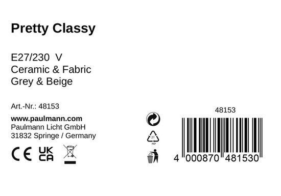 Productinformatie: Pauleen Pretty Classy, E27/230V, keramiek & stof, grijs & beige, art.nr. 48153.