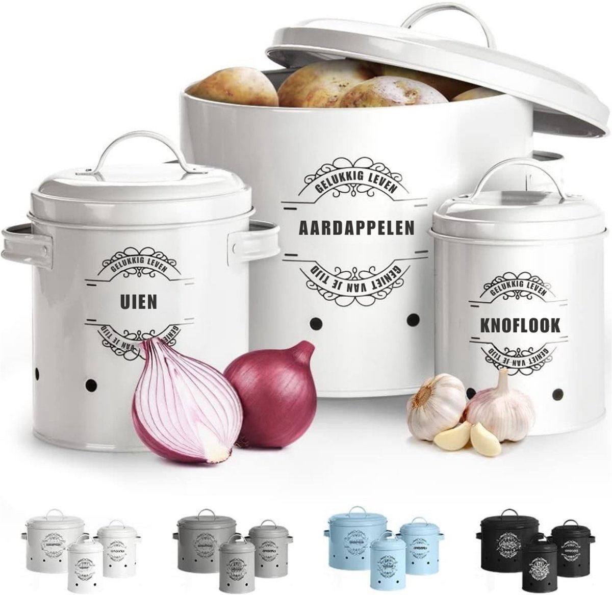 Zylo® Aardappelbak - Aardappelpot - Bewaardoos - Set van 3 - met Ventilatiegaten - 22x22x18cm - Wit
