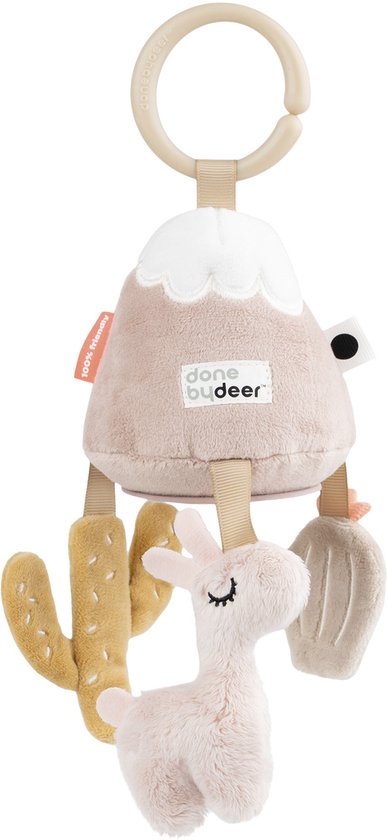 Roze zacht speeltje met een lama, cactussen en een berg met een ring om op te hangen.