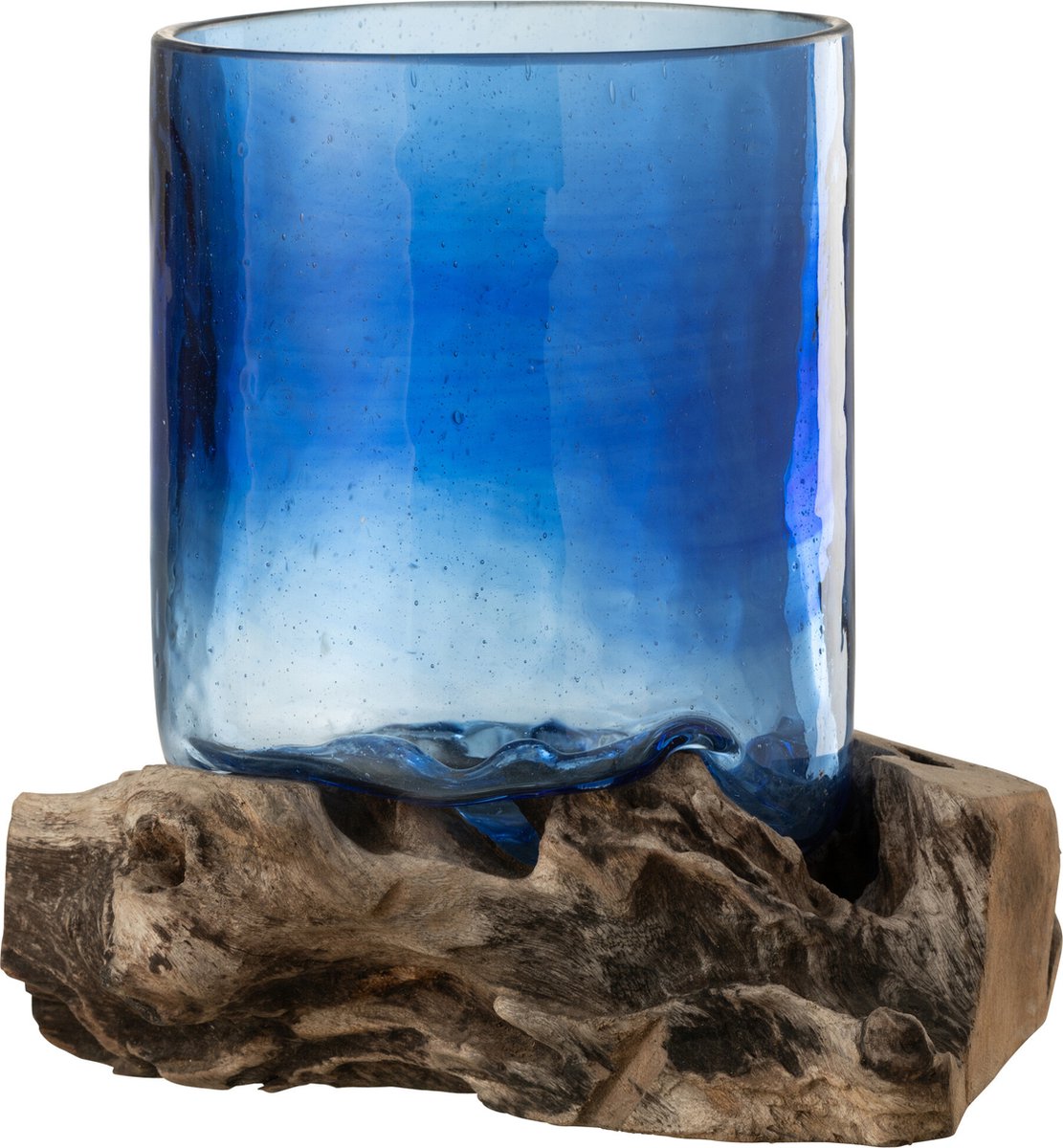 J-Line vaas op voet Felix - hout/glas - blauw - large - Ø 13 cm
