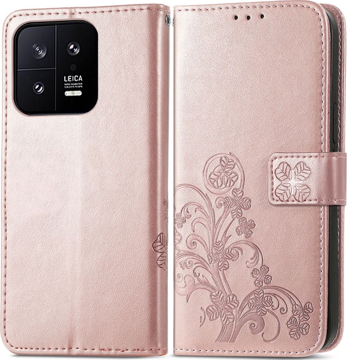 Mobigear Telefoonhoesje geschikt voor Xiaomi 13 Hoesje | Mobigear Clover Bookcase Portemonnee | Pasjeshouder voor 3 Pasjes | Telefoonhoesje voor Pinpas / OV Kaart / Rijbewijs - Roségoud