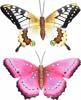 Set van 2x stuks tuindecoratie muur/wand/schutting vlinders van metaal in roze en geel tinten 48 x 30 cm