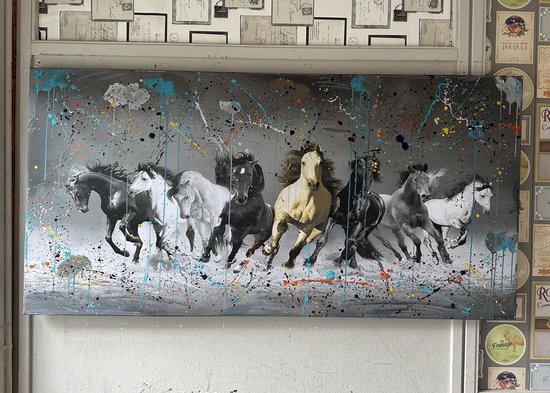 Schilderij - Rennende Paarden- Mixed Media- Katoenen canvasdoek- 70 x140cm,3D