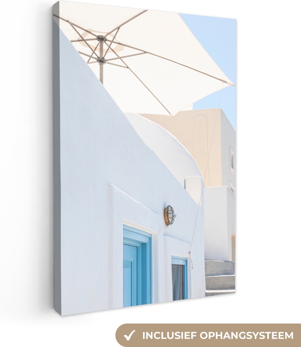 Canvas Schilderij Architectuur - Parasol - Deur - Wit - Blauw - 60x90 cm - Wanddecoratie
