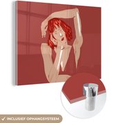 MuchoWow® Glasschilderij 120x90 cm - Schilderij acrylglas - Vrouw - Rood - Abstract - Portret - Foto op glas - Schilderijen