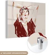 MuchoWow® Glasschilderij 120x90 cm - Schilderij acrylglas - Portret - Vrouw - Rood - Abstract - Foto op glas - Schilderijen