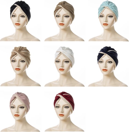 Collage van negen tulbanden in verschillende kleuren: zwart, bruin, lichtblauw, wit, marineblauw, roze en rood, gedragen op mannequins.