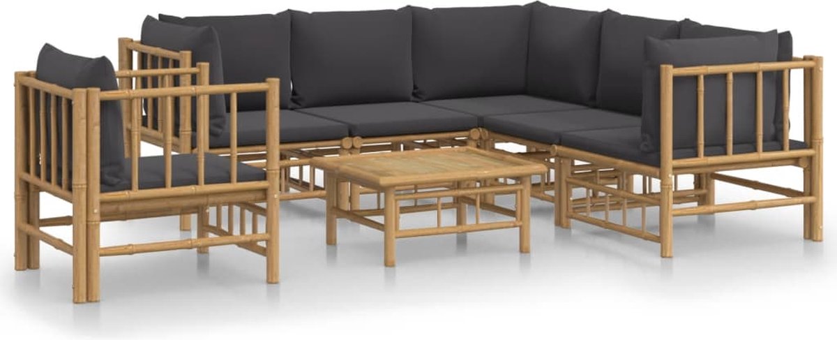 vidaXL 7-delige - Loungeset - met - kussens - bamboe - donkergrijs