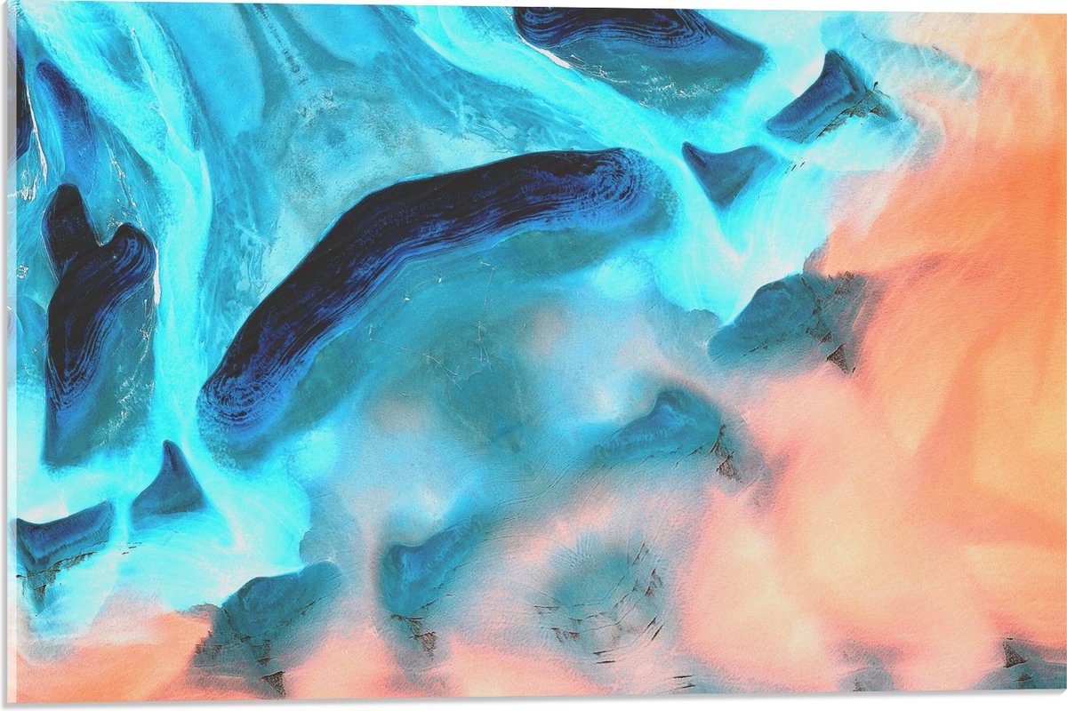 Acrylglas - Schilderij met Blauwe, Roze en Oranje Verf - 60x40 cm Foto op Acrylglas (Wanddecoratie op Acrylaat)