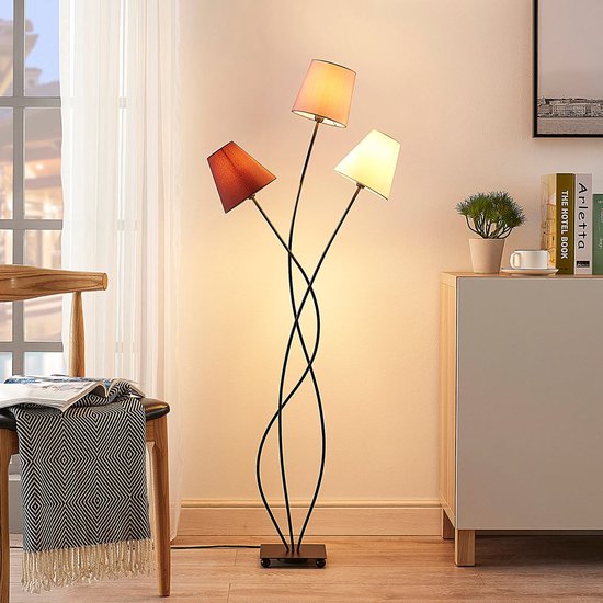 Lindby - vloerlamp - 3lichts - Stof, metaal - H: 130 cm - E14 - bruin, grijs, crème, zwart