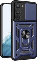 Samsung Galaxy S23 Hoesje - MobyDefend Pantsercase Met Draaibare Ring - Blauw - GSM Hoesje - Telefoonhoesje Geschikt Voor Samsung Galaxy S23
