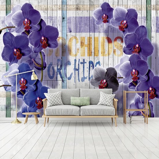 Papier peint photo Peint Intissé - Orchidées Violettes sur Planches de Bois - 254 x 184 cm