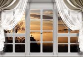 Fotobehang - Vlies Behang - Uitzicht op het mistige bos in de bergen vanuit het raam 3D - 254 x 184 cm