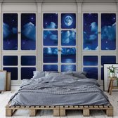 Fotobehang - Vlies Behang - 3D Uitzicht op de Sterren, Maan en Zee in de Nacht door het Raam - 520 x 318 cm