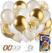Fissaly 40 stuks Goud & Wit Helium Ballonnen met Lint – Verjaardag Versiering Decoratie – Papieren Confetti – Latex