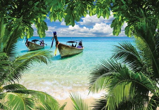Papier peint Plage Tropical Paradise Boat | XL - 208 cm x 146 cm | Polaire 130g / m2