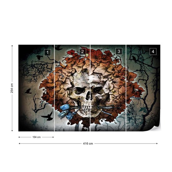Papiers peints Alchemy Skull Flowers Tattoo | XXXL - 416 cm x 254 cm | Polaire 130g / m2