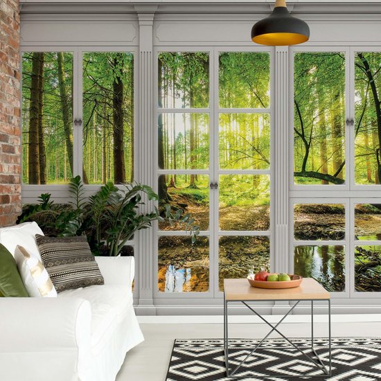 Fotobehang - Vlies Behang - 3D Uitzicht op het Zonnige Bos door het Raam - 208 x 146 cm