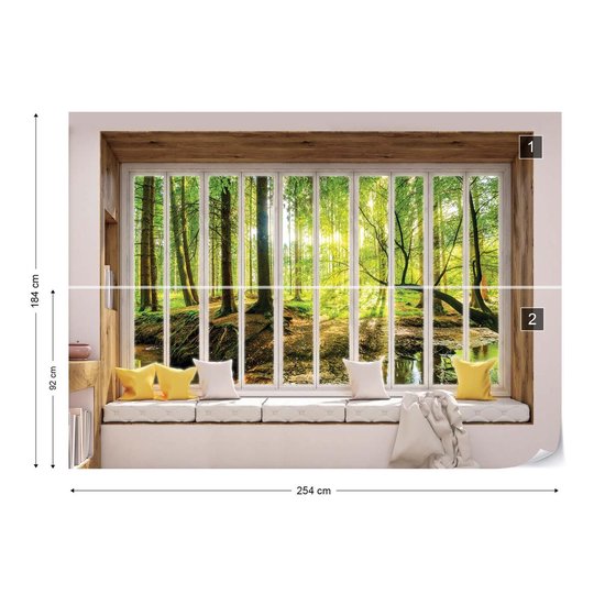 Fotobehang - Vlies Behang - 3D - Uitzicht op het Zonnige Bos vanuit het Raam - 254 x 184 cm